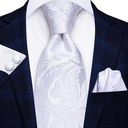Men's Ties White Sliver Hanky Cufflinks Set Silk Neck ties For Men Wedding Party Business Mens Tie 2022 New Fashion Brand Hi-Tie Good Vibrations