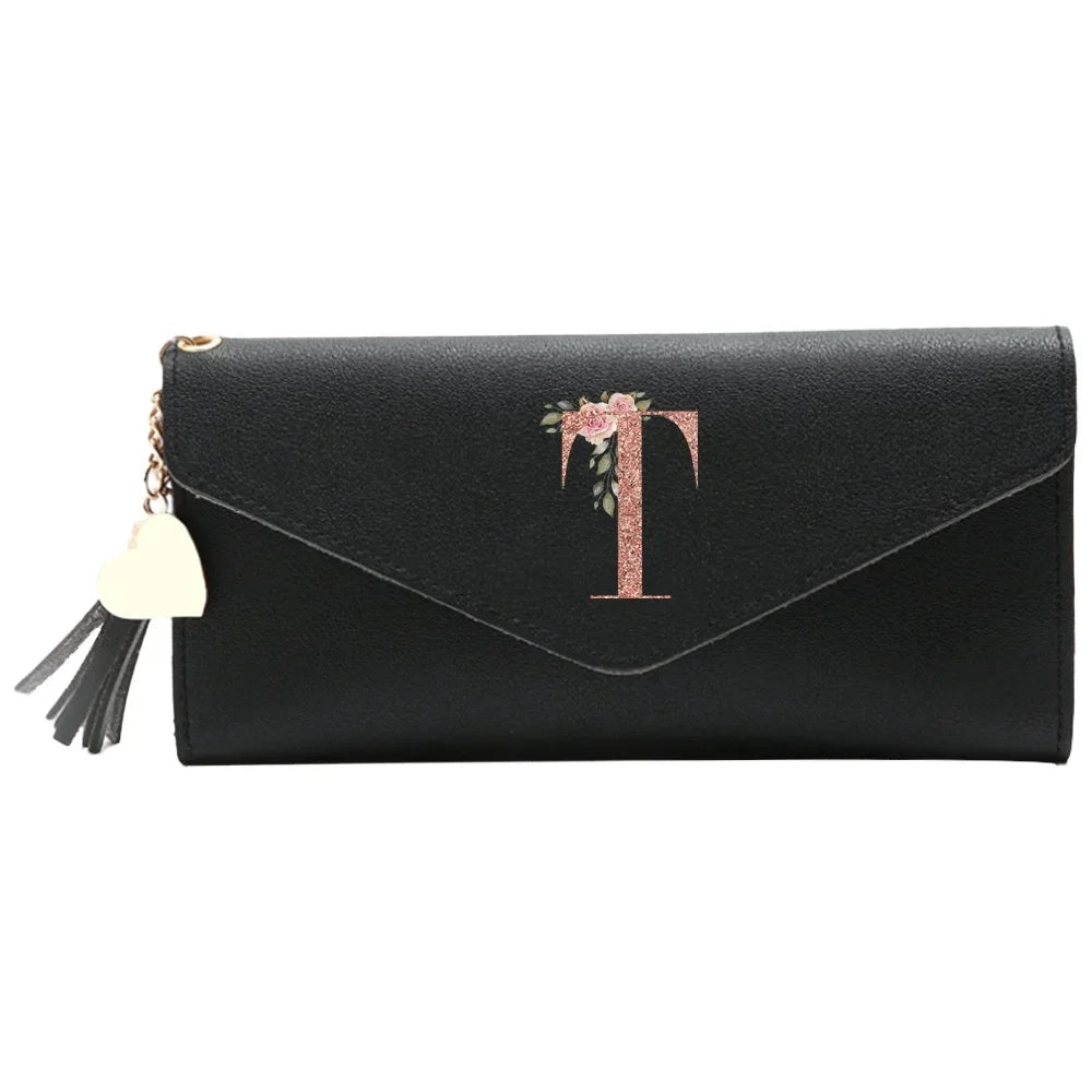 Wallet Black Small Leather Coin Purse Rfid Blocking Wallet Rose Gold Pattern Mini Purse with ID Window for Women Good Vibrations