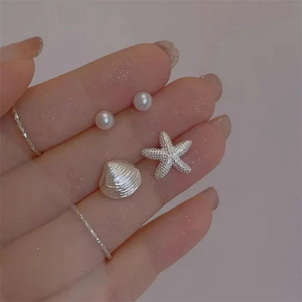 Fashion Asymmetric Ocean Style Earrings Stud  For Women Starfish Shell Earring Ear Ring Imitation Pearl Zircon Jewelry Gift Good Vibrations