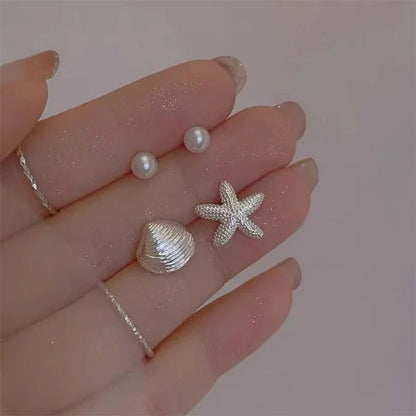 Fashion Asymmetric Ocean Style Earrings Stud  For Women Starfish Shell Earring Ear Ring Imitation Pearl Zircon Jewelry Gift Good Vibrations