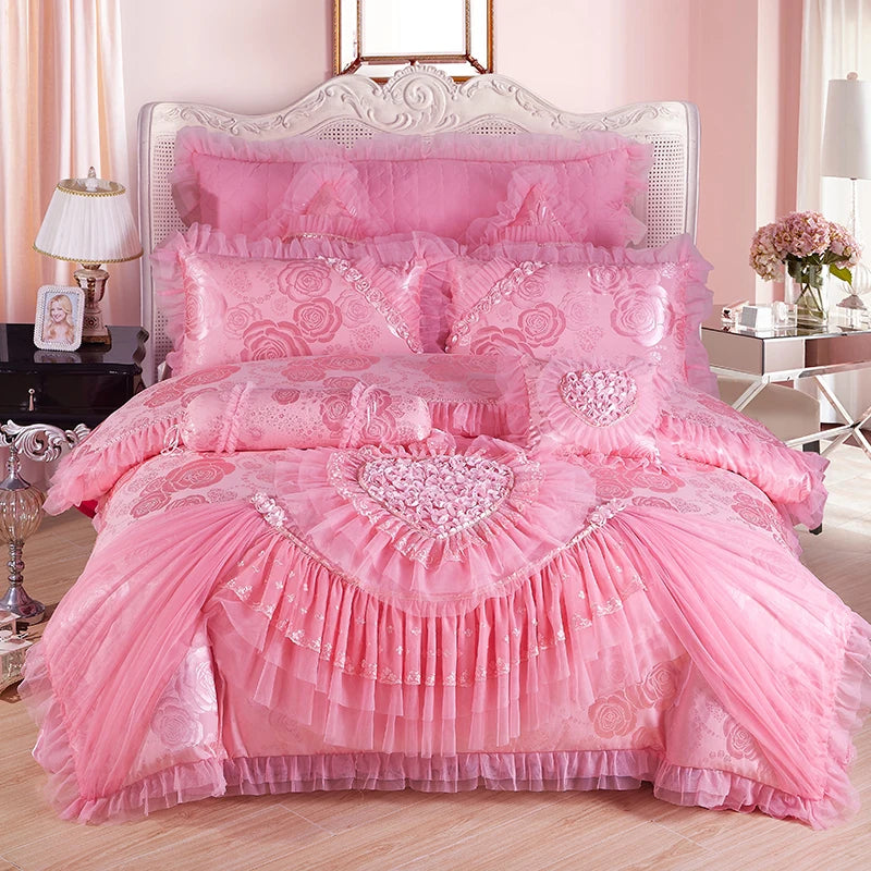 Luxury Wedding Bedding Sets Queen King Size Pink Princess Lace Bedcover Set Jacquard Duvet Cover Bed Sheet Pillowcases Good Vibrations