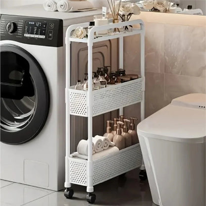 Black mobile storage unit, multi-tier practical shelving, narrow rolling storage rack. Good Vibrations