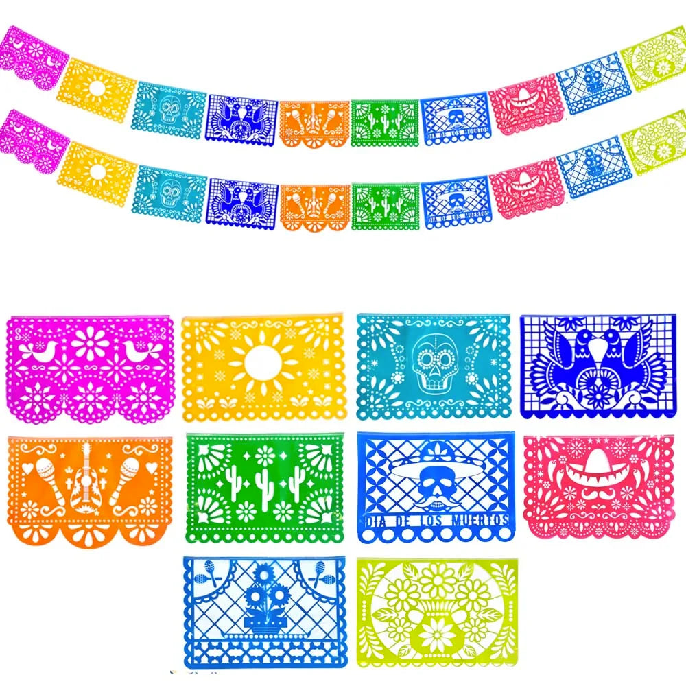3PCS Mexican Party Decor Set, Vibrant Papel Picado Bunting-Plastic Fiesta Garland for Cinco De Mayo, Wedding, Birthday Carnival Good Vibrations