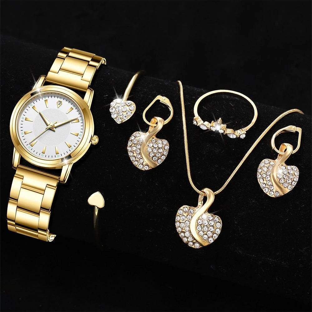 Women's Quartz Watch Gold Luxury Women Ring Necklace Earring Rhinestone Fashion Wristwatch Casual Ladies Watches Jewelry Set ﻿ Good Vibrations