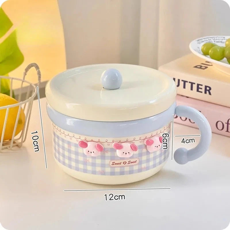 Cute Stainless Steel Ramen Bowl With Lid Kawaii Large Instant Noodles Fruit Salad Rice Soup Bowl Kitchen Tableware Women Gift Good Vibrations