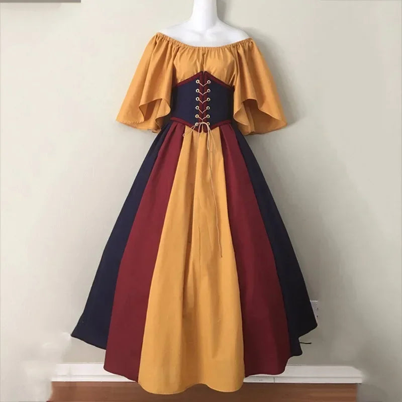 Halloween Costumes for Women Medieval Retro Contrasting Color Slim Swing Dress One-word Shoulder Dress Love Live Cosplay Good Vibrations