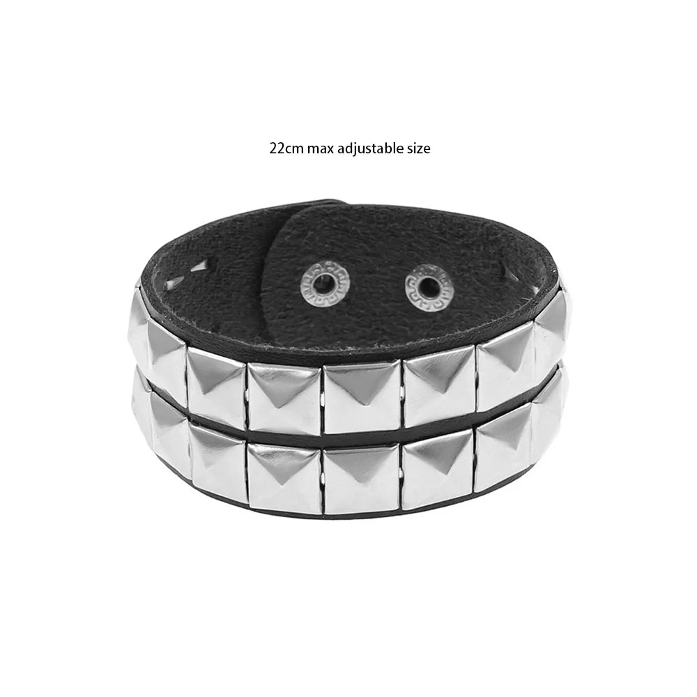 Black Leather Goth Square Washer Rivet Bracelet Cuff Wristband Gothic Punk Bracelets For Armbands Men Women Good Vibrations