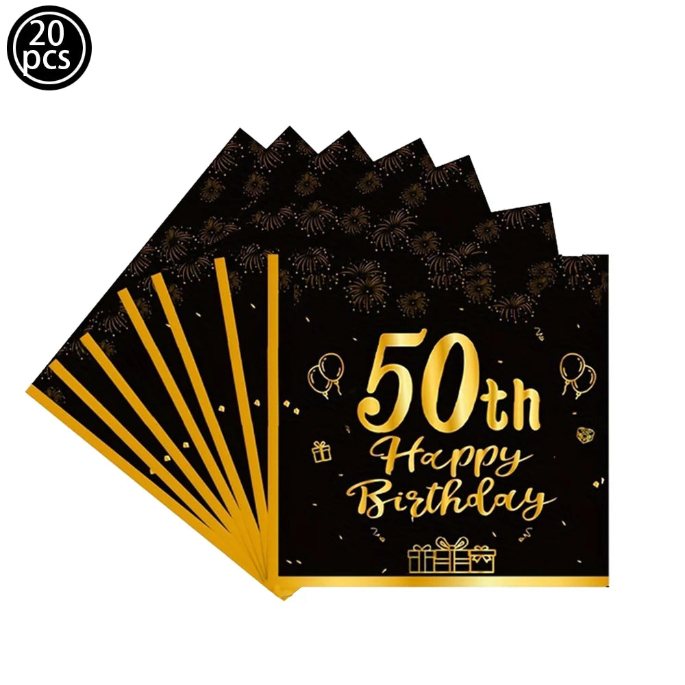 50th Birthday Party Supplies for Men Women Black and Gold 50 Years Old Party Paper Plates Cups Napkin Tablecloth Tableware Decor Good Vibrations