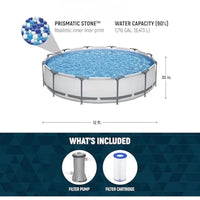 12 Foot by 30 Inch Round Above Ground Swimming Pool Set Outdoor Metal Frame Family Pool with Filter Pump Good Vibrations