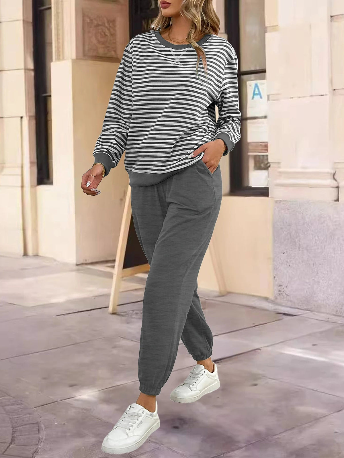 Women' Striped Long Sleeve Two-Piece Set Loose with Pockets Casual Sportswear Yoga Outfit for Outdoor Shopping Good Vibrations