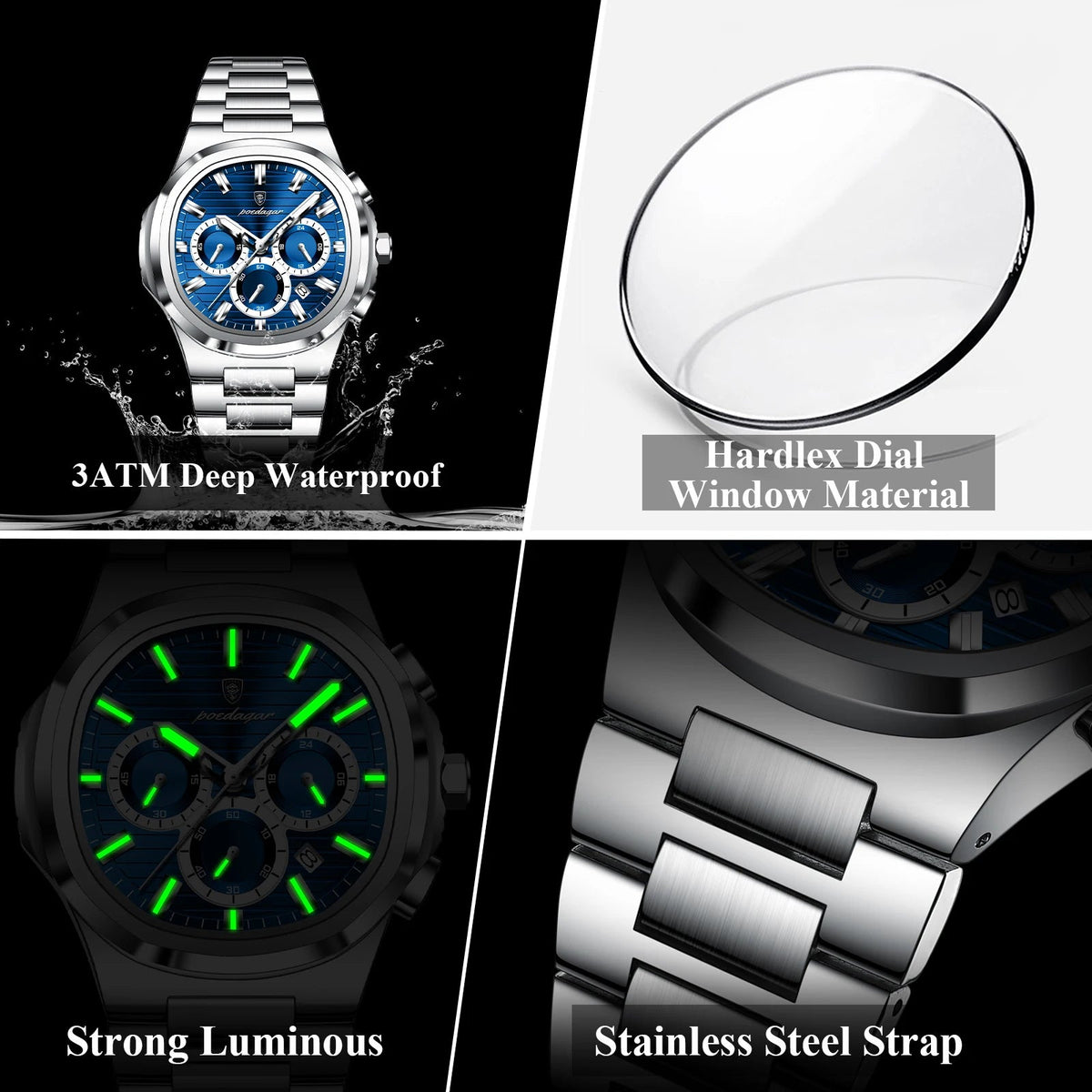 POEDAGAR Business Man Wristwatch Date Chronograph Waterproof Luminous Luxury Men Watch Stainless Steel Quartz Men's Watches Male Good Vibrations