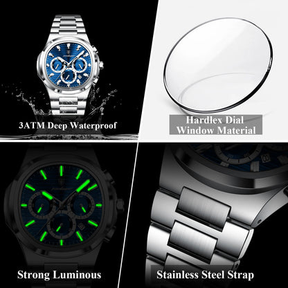 POEDAGAR Business Man Wristwatch Date Chronograph Waterproof Luminous Luxury Men Watch Stainless Steel Quartz Men's Watches Male Good Vibrations