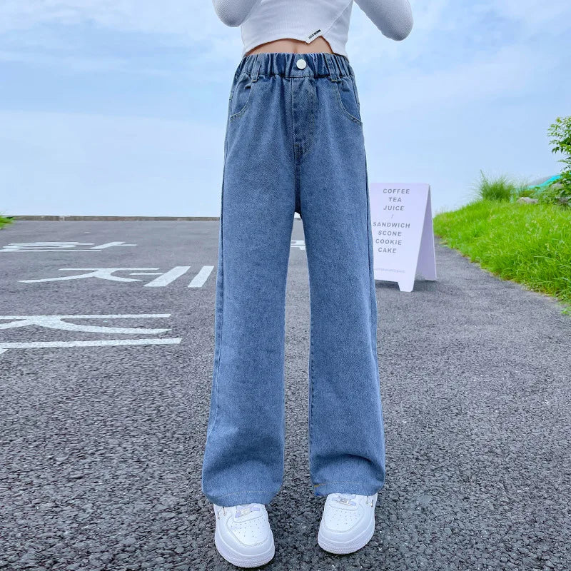 New 2024 Teenage Girls Blue Street Cartoon Print Elastic Mid Waist Loose Denim Jeans Spring Fashion Children Cute Wide Leg Pants Good Vibrations