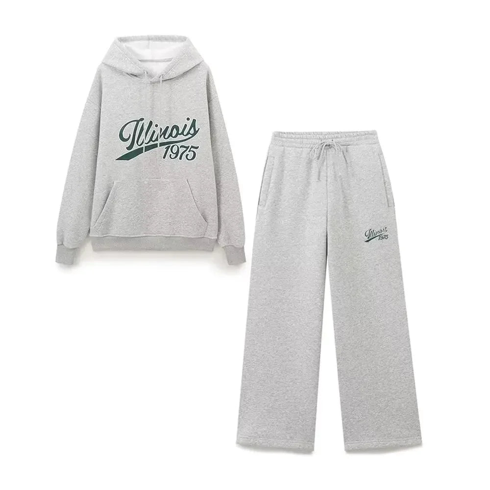 Women's Set Two Pieces Elegant Casual Women's Set Autumn Outfits Sweat Suit Sets Basics Grey Letter Hoodies Sets Good Vibrations
