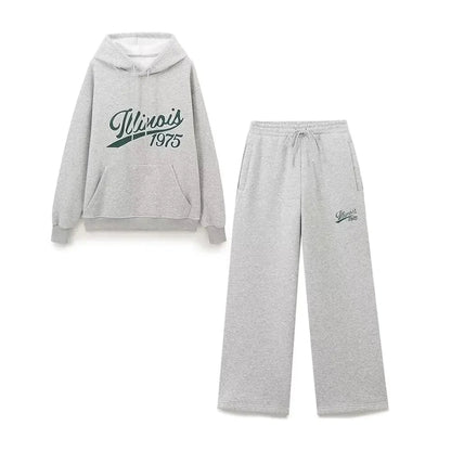 Women's Set Two Pieces Elegant Casual Women's Set Autumn Outfits Sweat Suit Sets Basics Grey Letter Hoodies Sets Good Vibrations
