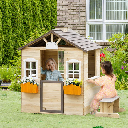 Kids Outdoor Wooden Playhouse, Garden Adventure Cottage, Door, Service Station, Flower Pot Holder Good Vibrations