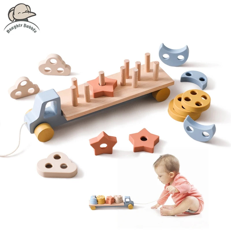 Wooden Baby Toy  Wooden Trailer  Babies Learn Cognitive Toy  Hand And Foot Coordination Toy  Color Recognition Toy  Silicone Toy Good Vibrations