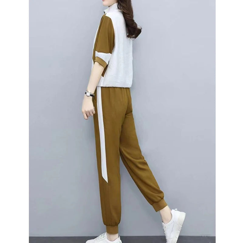 2 Piece Sets Women 2024 Summer Fashion Contrast Color Half Zipper Short Sleeve Tops Casual Pockets Sports Joggers Pants Outfits Good Vibrations