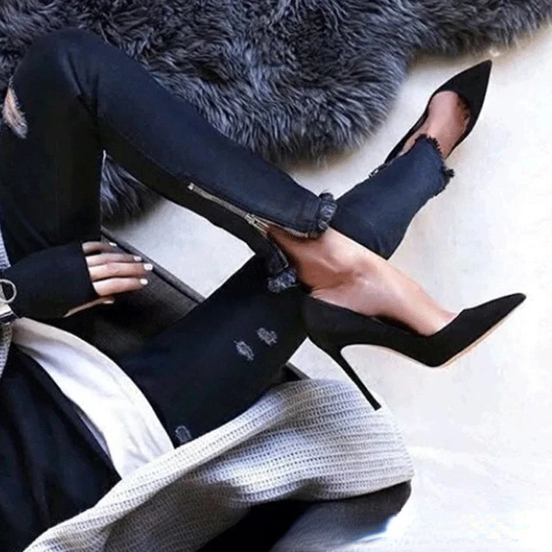 High Heels Women Suede Stiletto Pump Single Shoes Professional Ol Work Shoes Black Pointed Toe Sexy Party Black Wedding Shoe Good Vibrations