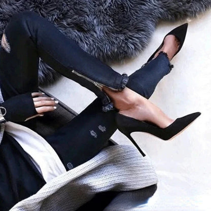 High Heels Women Suede Stiletto Pump Single Shoes Professional Ol Work Shoes Black Pointed Toe Sexy Party Black Wedding Shoe Good Vibrations