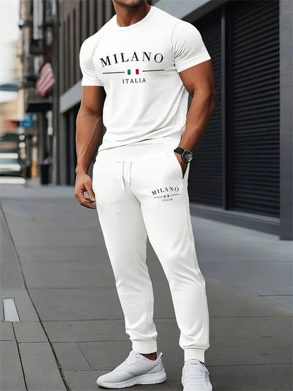 Men's Spring/Fall Two-Piece Set Crew Neck Short Sleeve Top With Relaxed Fit Casual Pants Outdoor Streetwear Minimalist Style Set Good Vibrations
