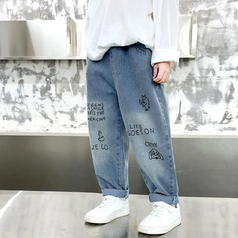New Spring Autumn Childrens Boys Casual Trousers Foreign Side Pockets Polished Boys Jeans Stretch Versatile Kids Boys Pants Good Vibrations
