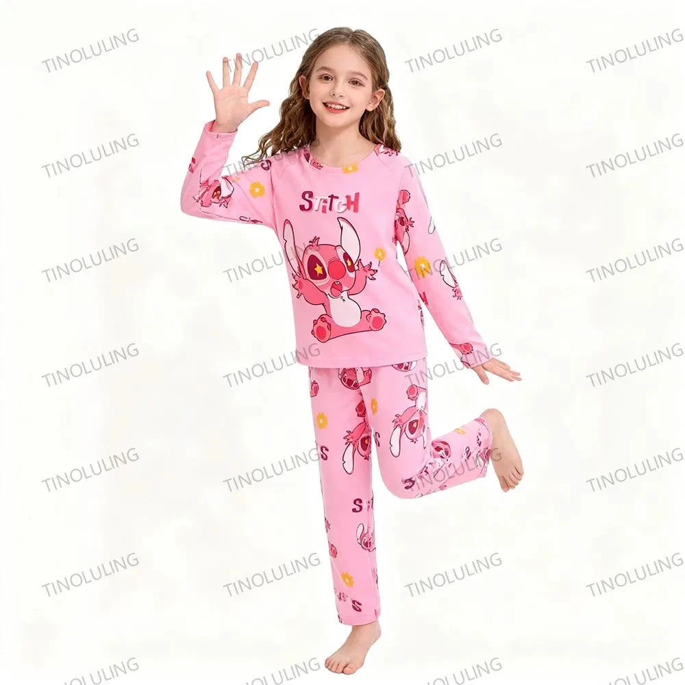 Children's Cartoon Stitch Pajamas Sets Boys Pijamas Girls Mickey Hello Kitty Sleepwear Comfortable Long Sleeve Nightwear Pjs Good Vibrations