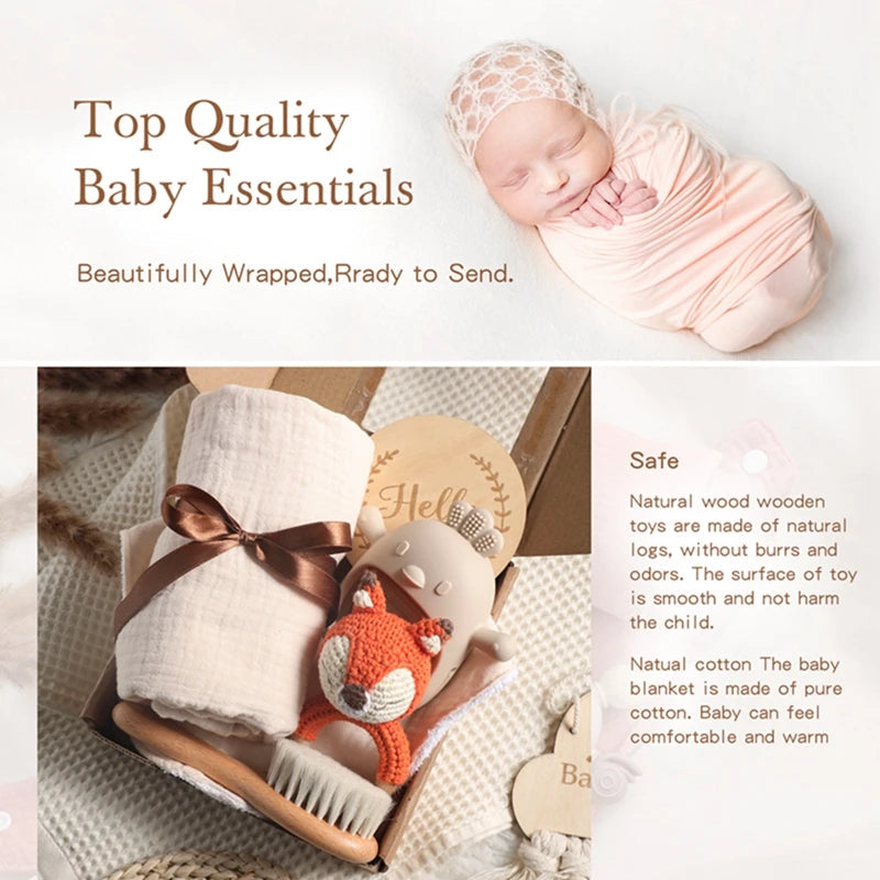 1Set Baby Bath Toy Set Food Grade Silicone Teether Toys Wooden Ring Crochet Rattle Milestones Card Bath Brush For Newborn Gift Good Vibrations
