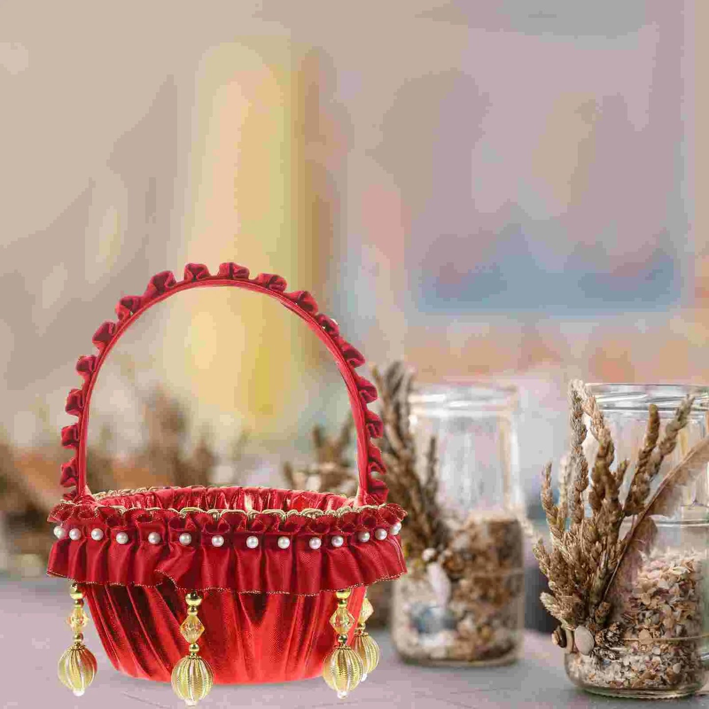 Pearl Flower Girl Basket Red Baskets Roses Small Rustic Wedding Elegant Vintage Good Vibrations