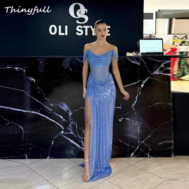 Thinyfull Mermaid Off Shoulder Prom Dresses Sleeveless Glitter Evening Dress 2025 Split Formal Gown robes de soirée Customized Good Vibrations