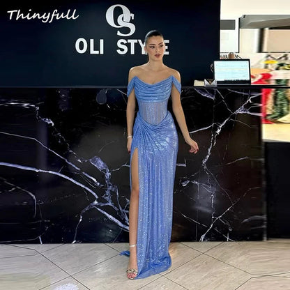 Thinyfull Mermaid Off Shoulder Prom Dresses Sleeveless Glitter Evening Dress 2025 Split Formal Gown robes de soirée Customized Good Vibrations