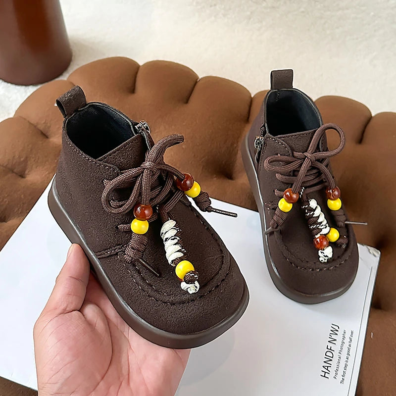 High Top Casual Shoes for Girls 2025 New Autumn Toddler Walking Shoes with Cute Ornament Soft Sole Simple Retro Kid School Flats Good Vibrations