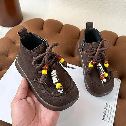 High Top Casual Shoes for Girls 2025 New Autumn Toddler Walking Shoes with Cute Ornament Soft Sole Simple Retro Kid School Flats Good Vibrations