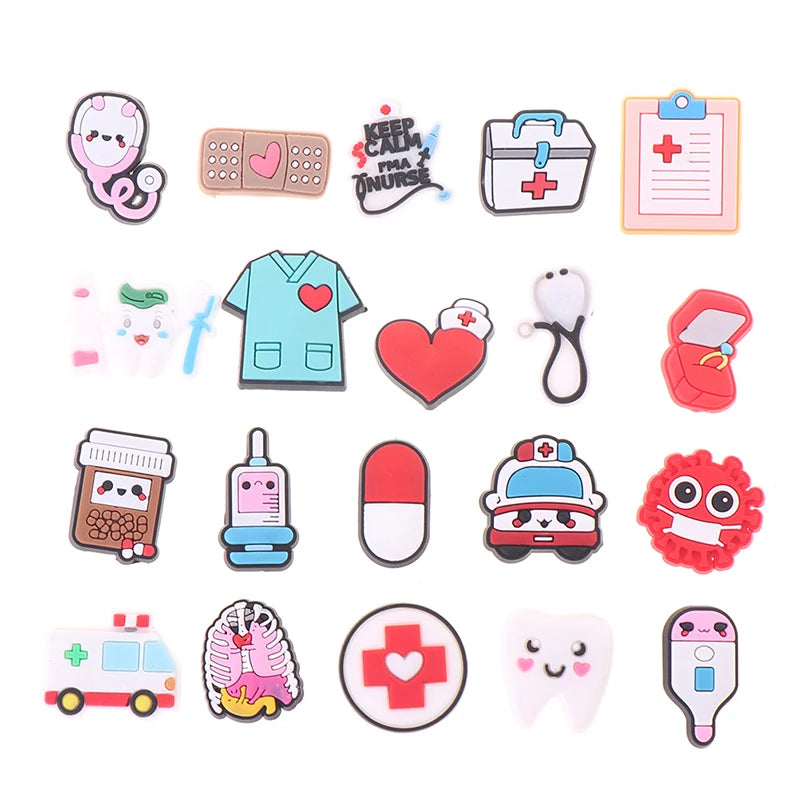 10PCS/Pack Medical PVC Shoe Charms Cute Stethoscope Syringe Shoe Buckle Decoration Jibz Fit Croc Kids X-mas Gifts Random Good Vibrations