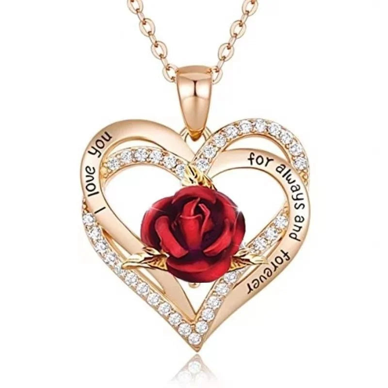 Fashion Women Heart Rose Necklace Cross Heart Bow Pendant Engagement Necklace for Women Flower Jewelry Birthday Anniversary Gift Good Vibrations