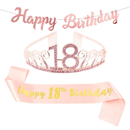 Happy Birthday Banner Pull Flag Rose Gold Crown Strap For 18 Year Old 3 Piece Birthday Party Decorations Good Vibrations