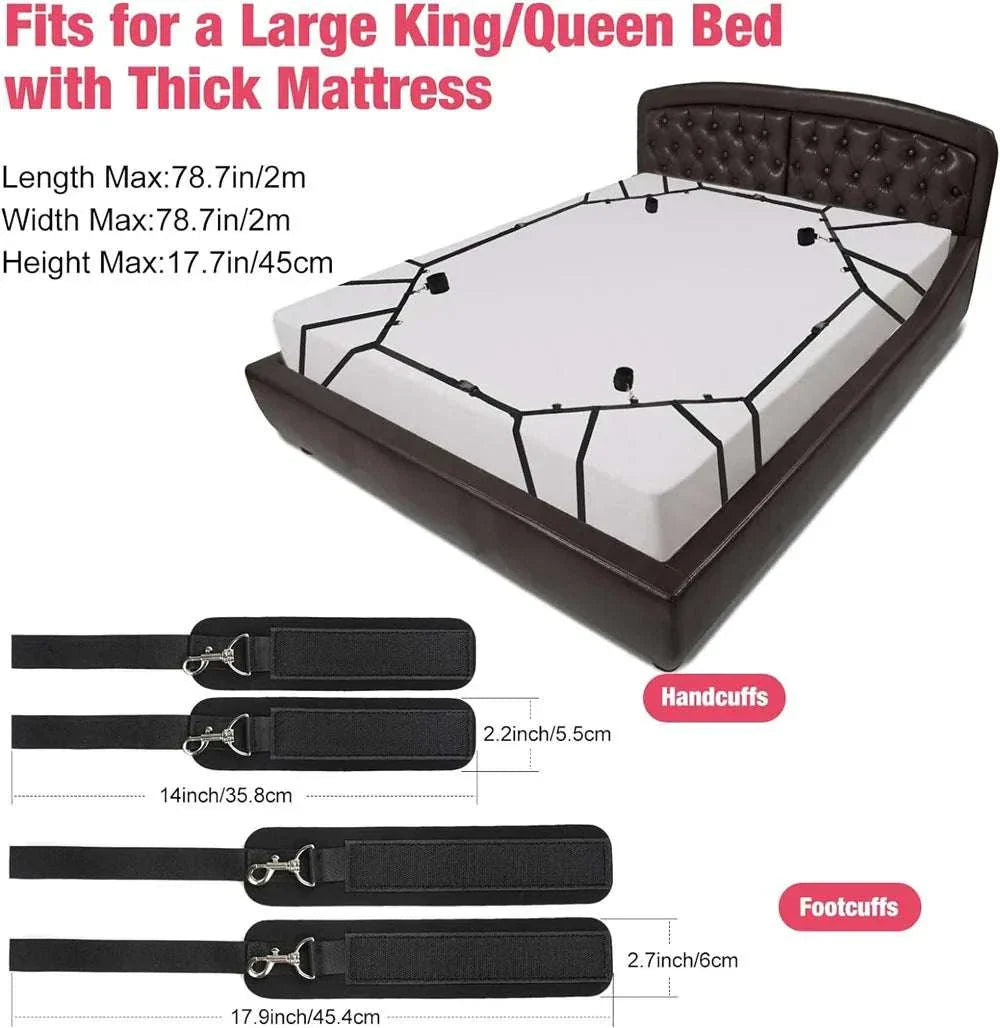 Sex bed restraint system for couples, featuring nylon handcuffs and ankle cuffs, fits king/queen beds.
