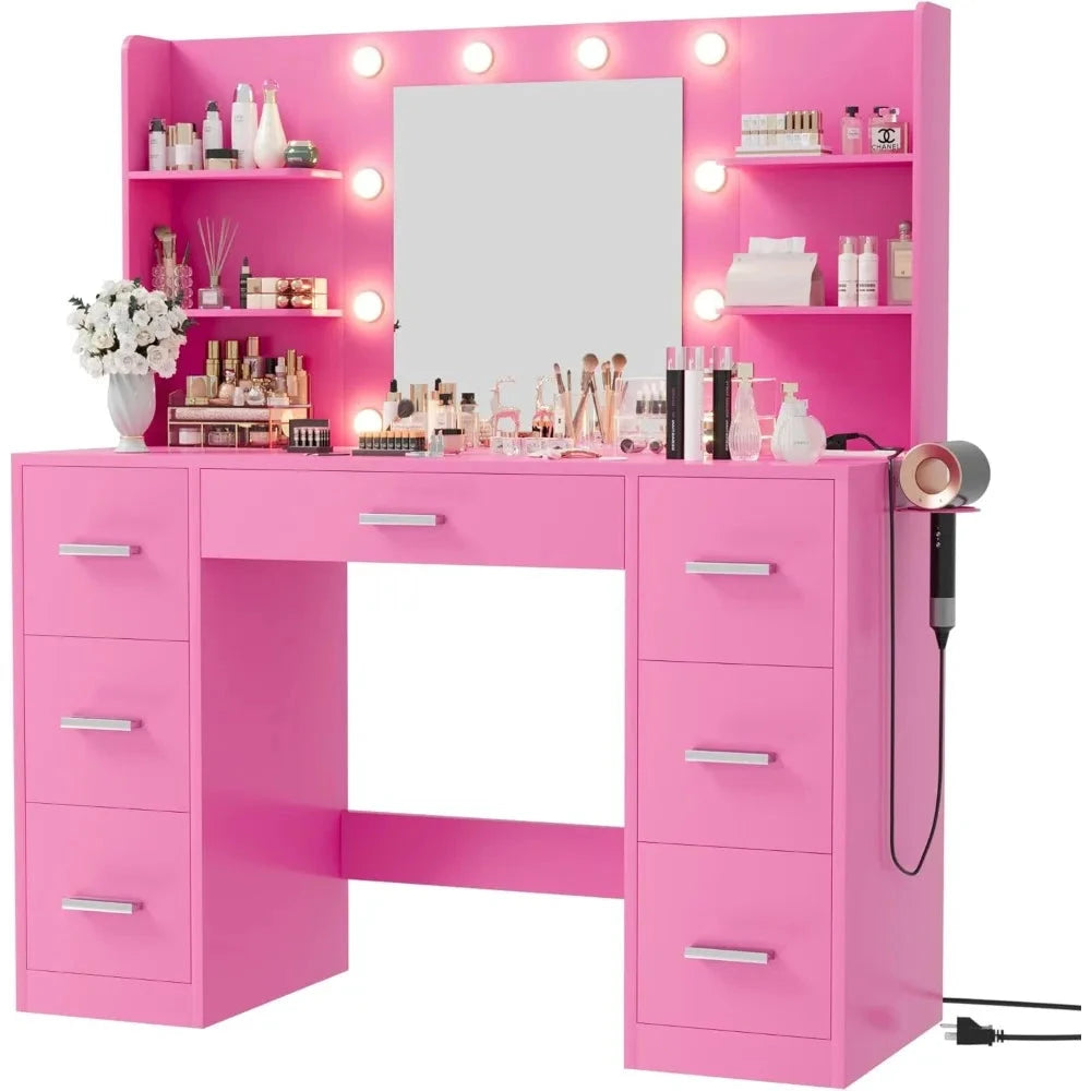 Vanity Desk with Mirror, LED Lights and Power Outlet Makeup Vanity Table with 7 Drawers and 6 Storage Shelves Dressing Table fo Good Vibrations