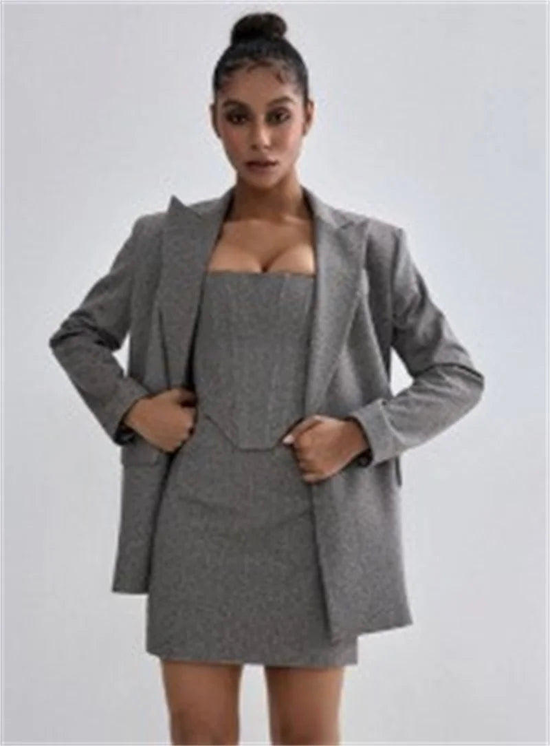 3 Pieces Herringbone Women's Suits Pants Set Top Bra+Blazer+Trousers or Skirt Formal Office Lady Prom Jacket Coat Winter Outfit Good Vibrations