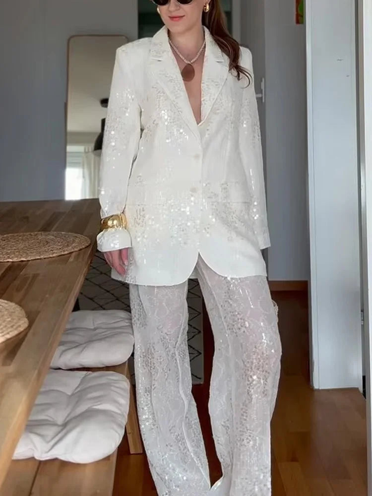 HH Women's Chic Set Sequins Turn-Down Collar Pockets Single-Breasted Blazers+High Waist Zipper Trousers Female Sets Trendy Good Vibrations