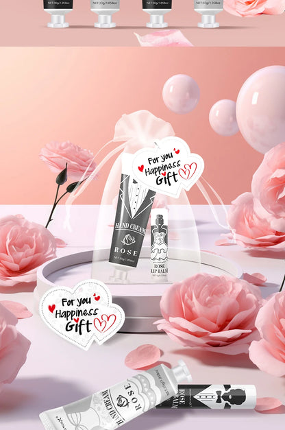 20 sets of wedding dress and suit theme gifts include hand cream, lipstick, white drawstring bag and wedding love greeting card