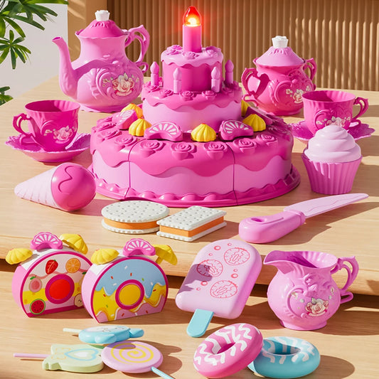 Birthday Cake Toy Play Food Set Realistic Simulation Blowing Candle Kids Pretend Play Dessert Fruit DIY Toy Birthday Gift Good Vibrations