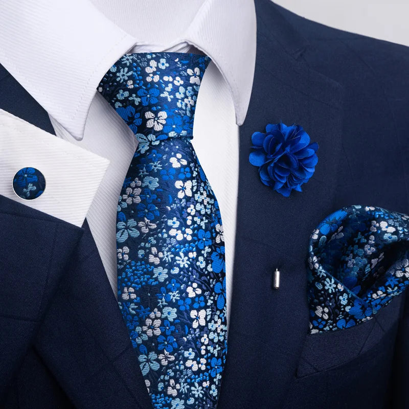 Luxury Mens Ties Floral Black Gold Ties Paisley NeckTie Pocket Square Cufflinks Brooch Set Men's Wedding Party Tie Good Vibrations