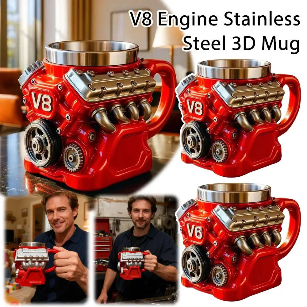 Retro Engine Coffee Mug New Engine V8 Engine Mug Decoration Stainless Steel Cup Car Engine Design Mug For Car Enthusiasts Good Vibrations