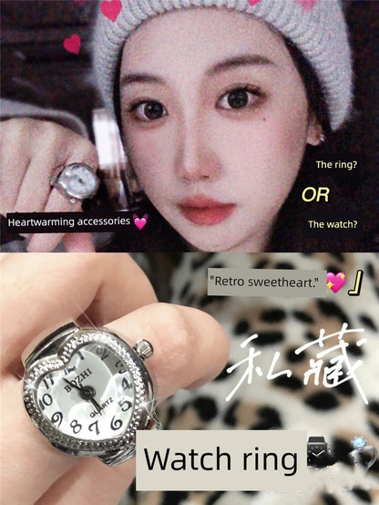Heart Full Diamond Watch Ring Retro Middle-Ancient Cute Earth Cool Men and Women Millennium Sexy Pink Peach Heart Disco Harajuku Good Vibrations