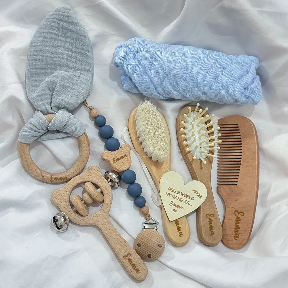 Baby Gift Box 8pcs with Personalized Name,Natural Wood Teether Rattle Set,Custom Baby Toy,Baby Name Announcement Baby Brush Good Vibrations