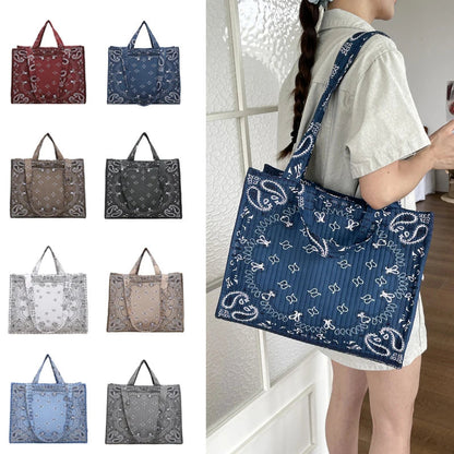 Women Paisley Print Quilted Tote Bag Large Capacity Casual Shoulder Handbag Vintage Bandana Pattern Commuter Shopping Bag Good Vibrations