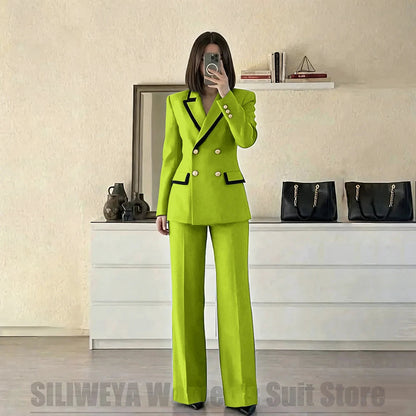 Women's Red Suit Two Piece Set Double Breasted Blazer with Black Trim and Pants Elegant Formal Fashion Daily Casual Party Tuxedo Good Vibrations