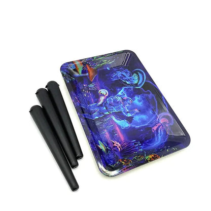 Rolling Tray 18X12.5CM with artistic design, metal tin box, and smell-proof tubes.