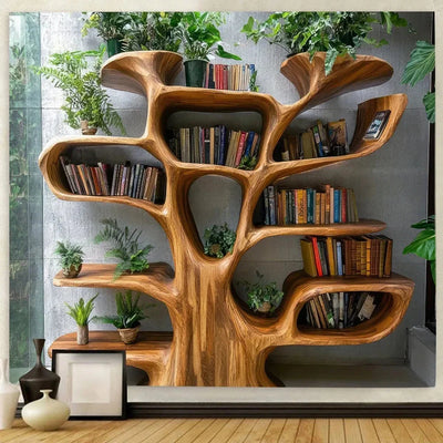 tree bookshelf tapestry wall art with nordic tree and plants design for living or study room decor